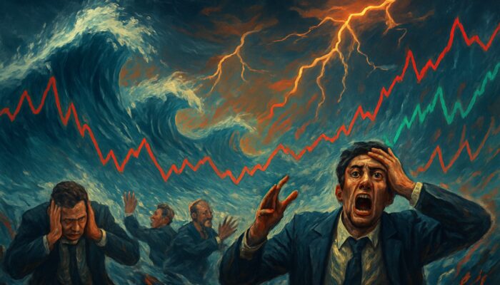 Frantic traders engulfed by crashing waves of volatile stock charts amid geopolitical lightning.