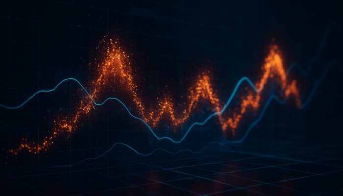 Abstract financial viz of glowing volatility clusters, GARCH lines, and rolling windows in dark interface.