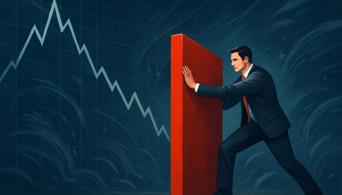 Investor erecting red barrier on plunging stock chart to shield portfolio from volatility