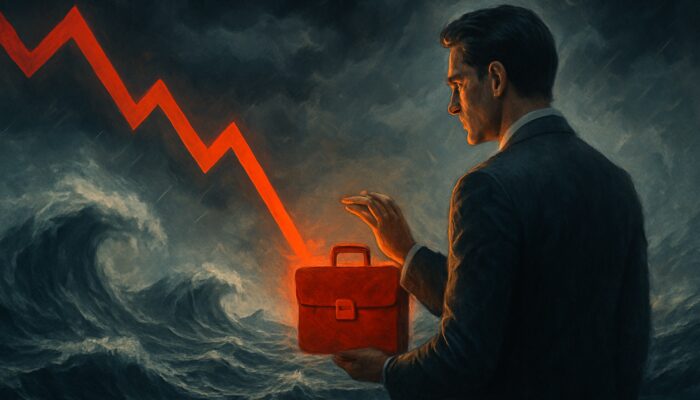 Investor monitoring red drawdown charts amid stormy markets while shielding portfolio