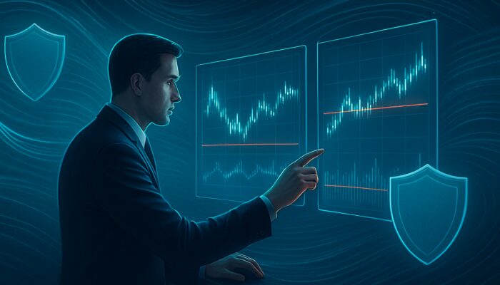 Hedge fund manager adjusting glowing charts with 10% drawdown limit lines in sleek trading room.