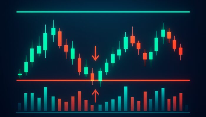 Vivid stock chart with glowing candlesticks between support and resistance lines, reversal arrows, and volume bars.