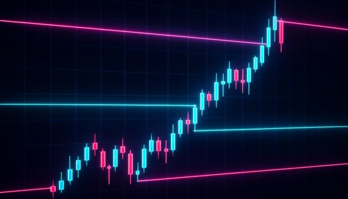 Neon cyberpunk trading chart with glowing support and resistance lines and dynamic candlesticks