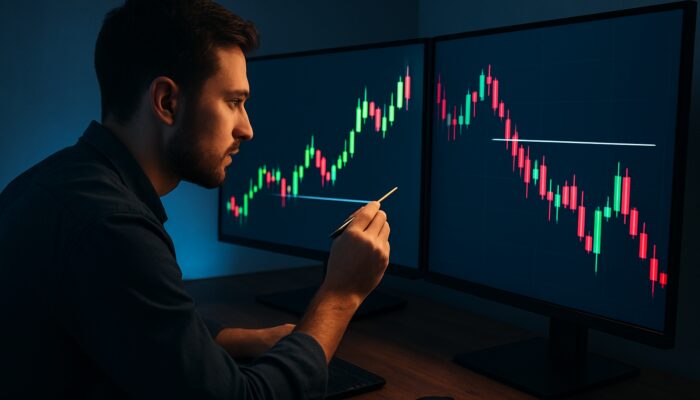 Focused beginner trader marking support and resistance on vibrant candlestick charts at modern desk