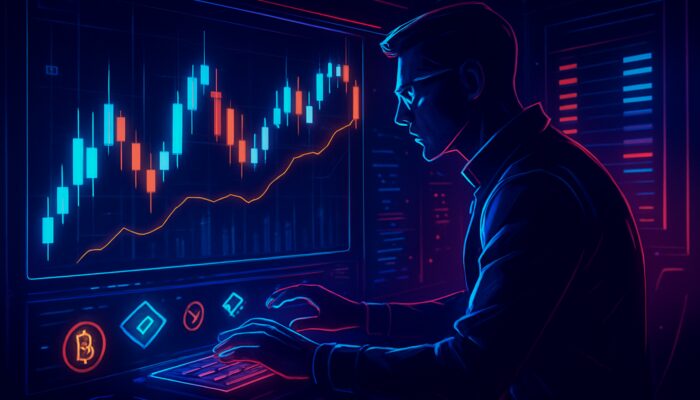 Futuristic cyberpunk OKX trading interface with glowing candlestick charts and focused trader executing trades.