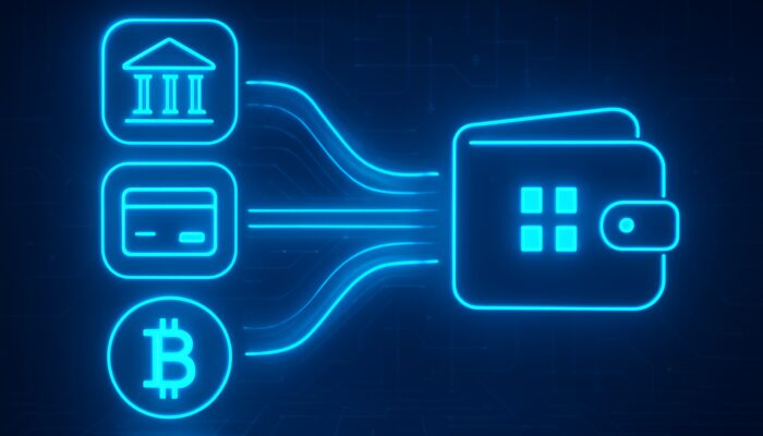Futuristic neon OKX dashboard with glowing bank, credit card, and Bitcoin icons flowing into wallet.