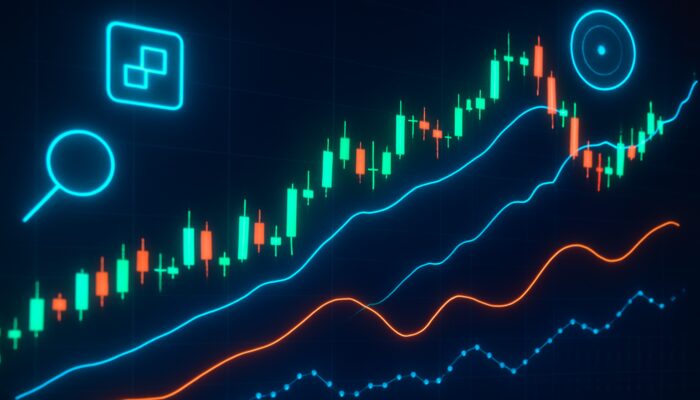 Futuristic OKX trading screen with vibrant candlestick charts, glowing indicators, and real-time price data.