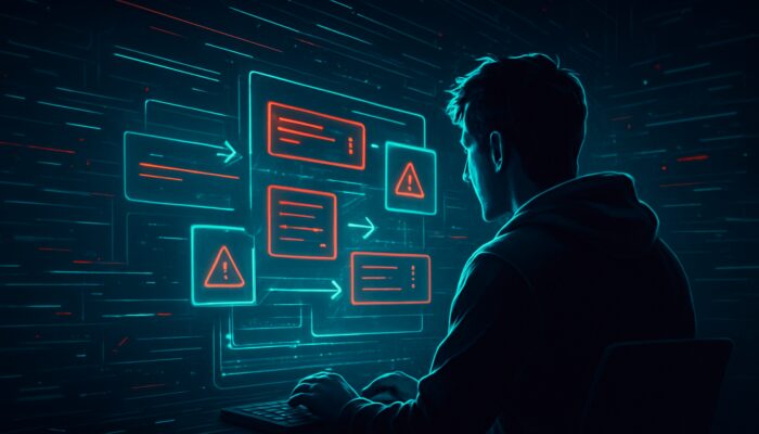 Cyberpunk developer at holographic screen with error codes and arrows to swift fixes