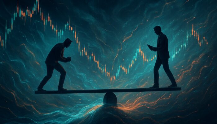 Traders balancing on seesaw with ethereal funding fees amid volatile futures market charts and storms