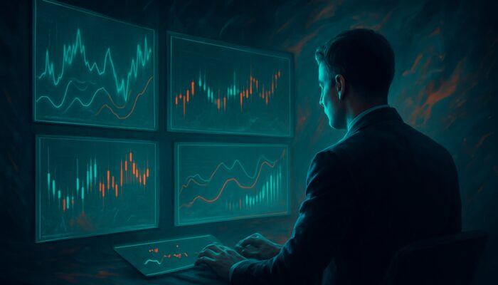 Trader monitoring holographic volatility charts and funding rates while adjusting positions in turbulent markets.