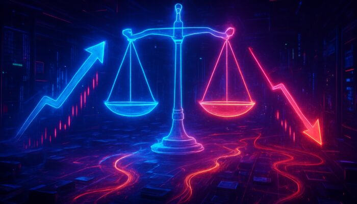 Cyberpunk trading floor with holographic scales balancing open interest against price deviations and funding rates.