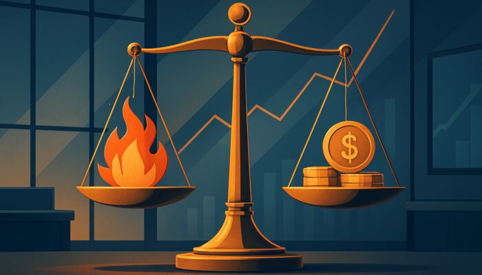 Balanced golden scale with stock flames, bond pillars, and cash coins for asset diversification.