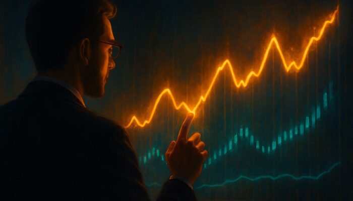 Trader examining glowing charts of economic cycles with consumer stocks and utilities trends.