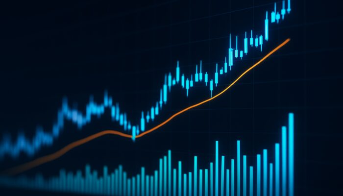 Sleek trading screen with candlestick charts, volume bars, and glowing VWAP line.