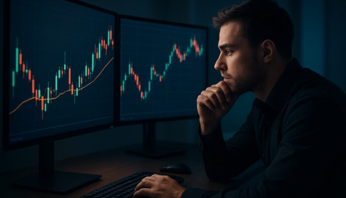 Focused beginner trader analyzing VWAP candlestick chart on multiple monitors at modern desk