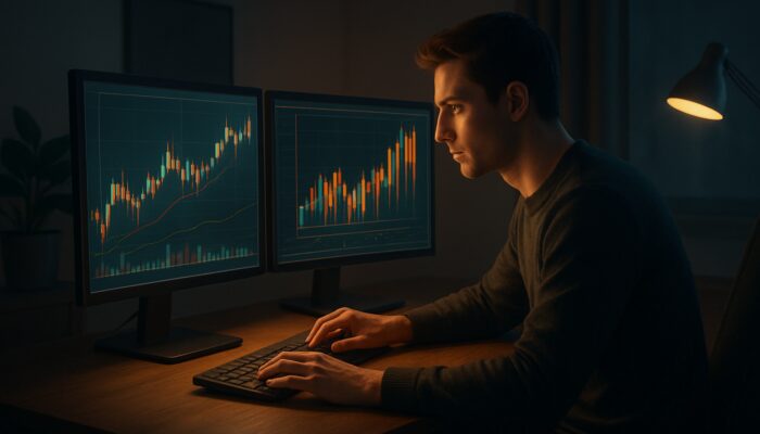 Novice trader checking trading software on dual monitors with live charts in home office