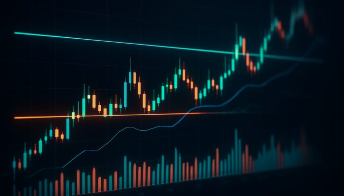 Sleek cybernetic trading chart with oscillating prices between glowing support and resistance lines and pulsing volume bars.