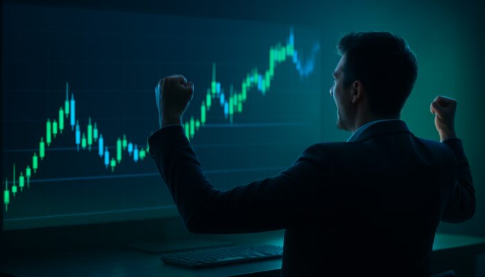Trader celebrating profits at sleek desk with glowing range trading candlestick charts and support resistance lines