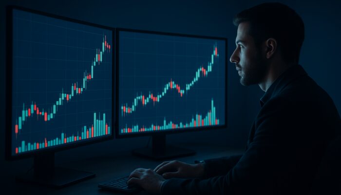 Trader monitoring candlestick charts on monitors showing volume surge and potential breakout