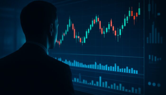 Trader examines partial stock order fill on screen amid volatile candlestick charts in dim trading room