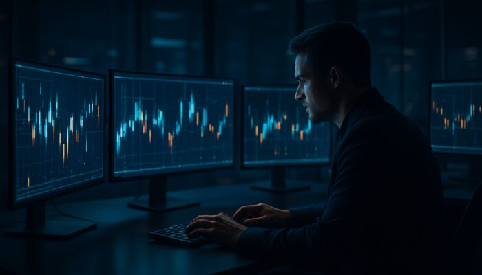 Trader managing partial fill orders on glowing screens with dynamic charts in cyberpunk office.