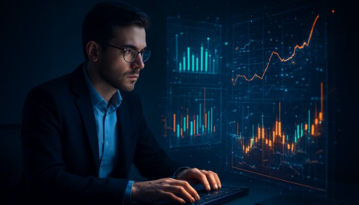 Trader analyzing holographic charts to diagnose partial fill order patterns in market data