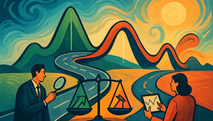 Illustration of market cycles as winding economic road with peaks, troughs, investors and supply-demand scales.