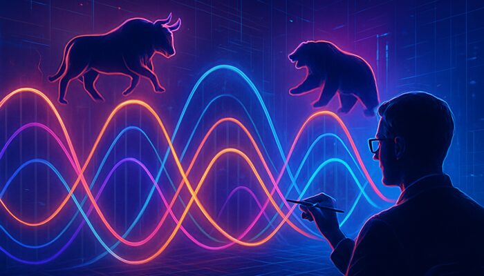Surreal cyberpunk chart of market cycles with colorful sine waves, bull and bear silhouettes.