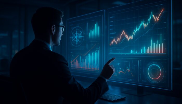 Trader analyzing holographic market charts with real-time data in futuristic office