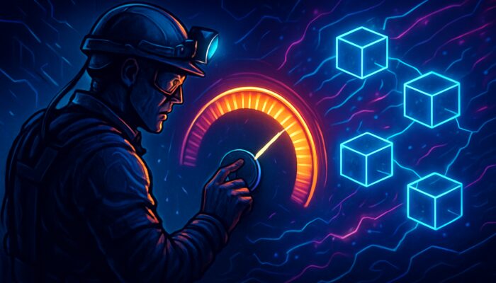 Cyberpunk miner adjusting glowing blockchain difficulty gauge amid neon hash rate fluctuations.