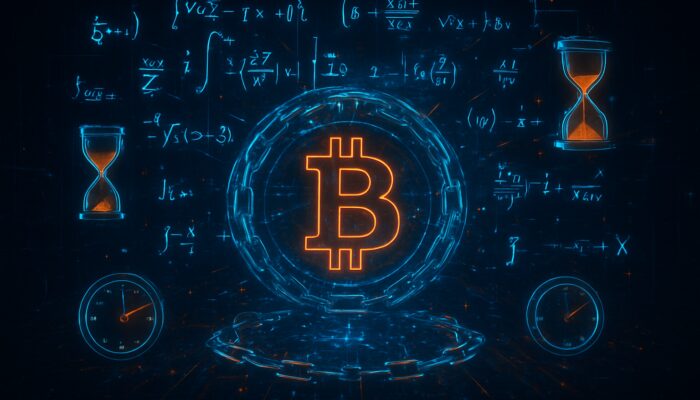 Futuristic Bitcoin mining scene with glowing equations and scales adjusting difficulty for ten-minute blocks