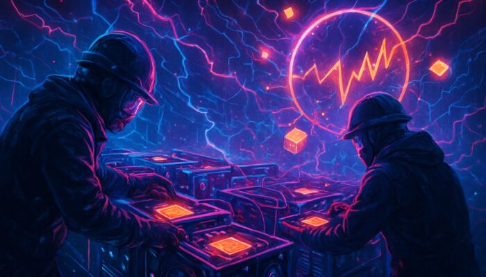 Cyberpunk miners adjusting glowing ASIC rigs amid hash rate storms and swinging difficulty gauge
