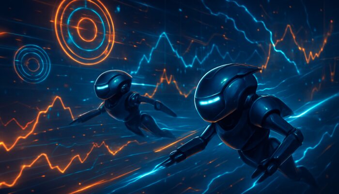 Futuristic arbitrage bots darting between holographic exchanges amid volatile charts and algorithms