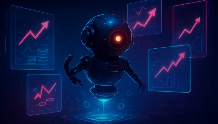 Cybernetic arbitrage bot hovers over neon holographic exchange screens with trade arrows, fees, and profit graphs.