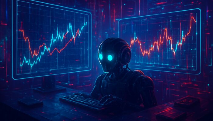 Cyberpunk trader desk with holographic screens showing crypto arbitrage trades amid neon data streams.