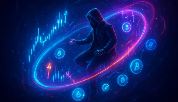 Cyberpunk trader suspended in neon loop of floating charts, crypto orbs, and funding rate arrows.
