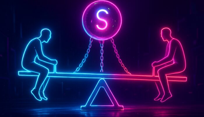 Neon cyberpunk seesaw balancing long and short traders with streaming funding payments to spot orb