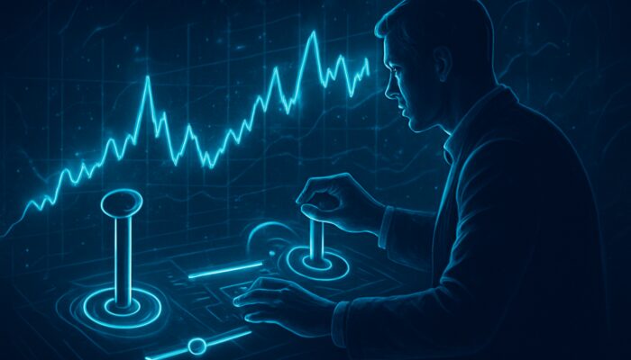 Trader manipulates holographic levers and charts for 5x leverage on $10k account controlling $50k position.