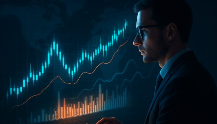 Focused trader analyzing glowing holographic volume charts with surging bars in global market