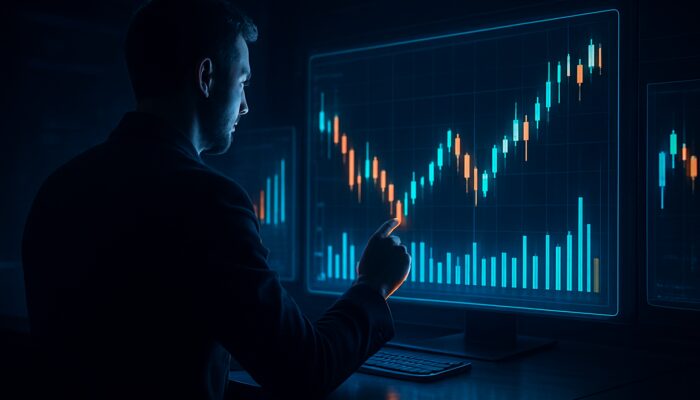 Trader analyzing volume bars and candlestick charts on holographic screens for currency pair selection at cyberpunk desk.