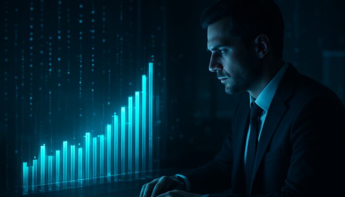 Trader analyzing glowing holographic volume charts in dark office for trading strategy optimization