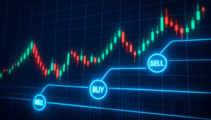 Futuristic trading interface with glowing grid overlay on volatile candlestick chart and pulsing buy-sell orders.