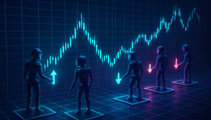 Cyberpunk holographic grid overlay on flat stock chart with robotic trading bots in calm market