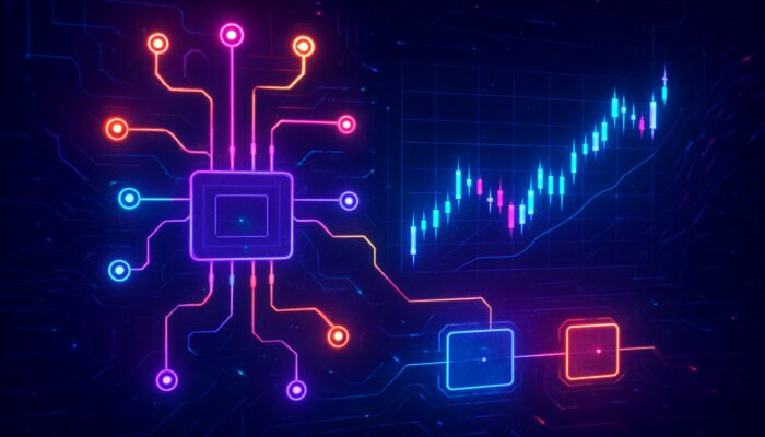 Neon cyberpunk grid trading bot interface with glowing logic trees analyzing real-time price charts and data streams.