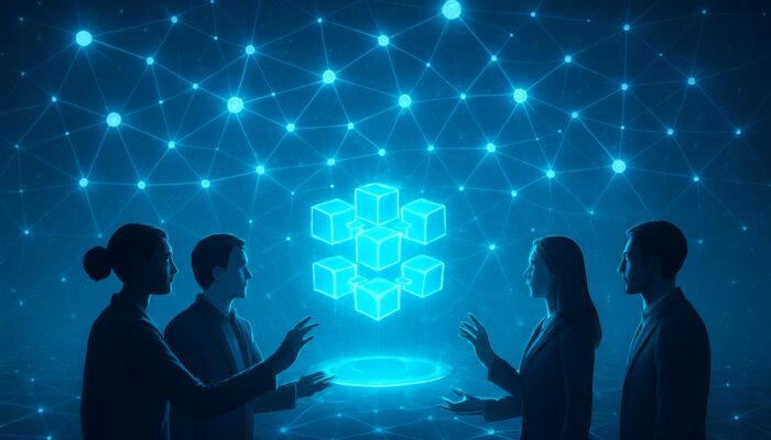 Interconnected glowing blockchain nodes with diverse figures reaching consensus on holographic ledger.