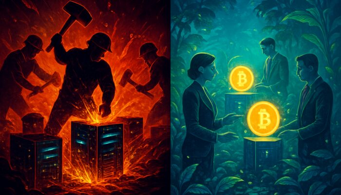 Split image contrasting chaotic Proof of Work miners with serene Proof of Stake validators in cyberpunk style.