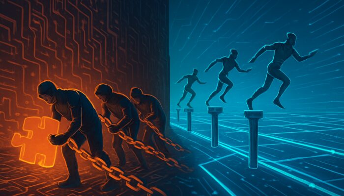 Split cybernetic landscape: congested proof-of-work miners vs scalable proof-of-stake validators.