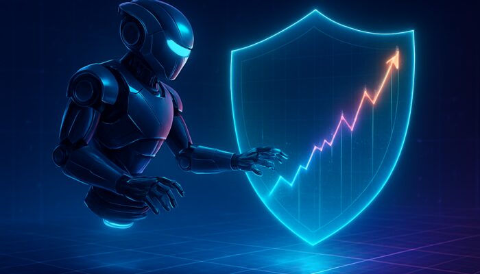 Cybernetic trading bot trailing shield over holographic rising stock chart in neon arena