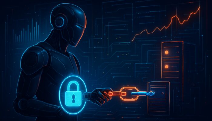 Cyberpunk trading bot forging secure encrypted API links to glowing exchange servers with stock charts