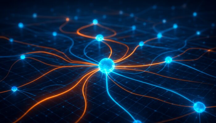 Futuristic digital network with glowing resource streams reallocating across nodes for real-time efficiency.